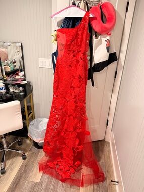 Jovani Red Lace One-Shoulder Evening Gown